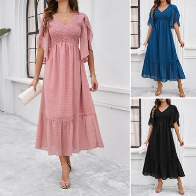 Women's Spring and Summer Temperament Elegant Solid Color V-neck Dress