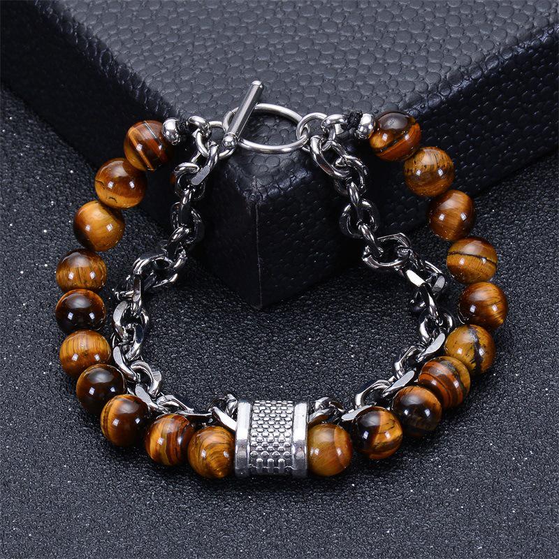 Men's Natural Tiger Eye Stone & Stainless Steel Chain Bracelet