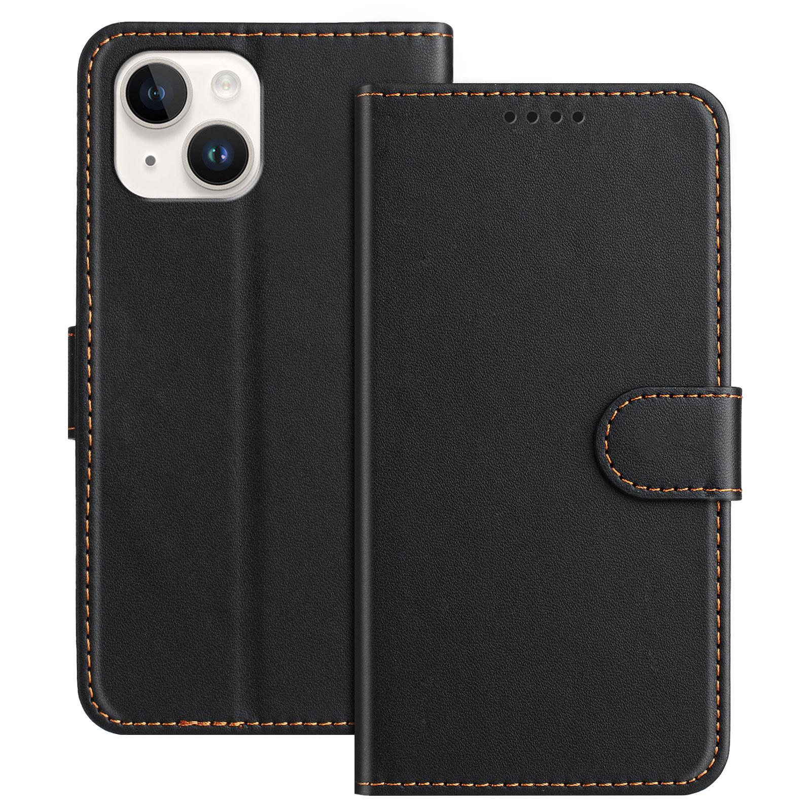

For iPhone 13 mini 5.4 inch Leather Case Wallet Stand Solid Color Anti Drop Phone Cover Black