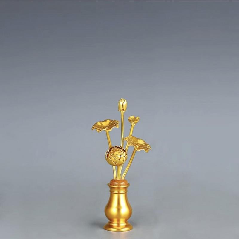 Golden Lotus Buddha Hall Decor: Gilt Flower Offering Guanyin - Handmade Aluminum Display Piece