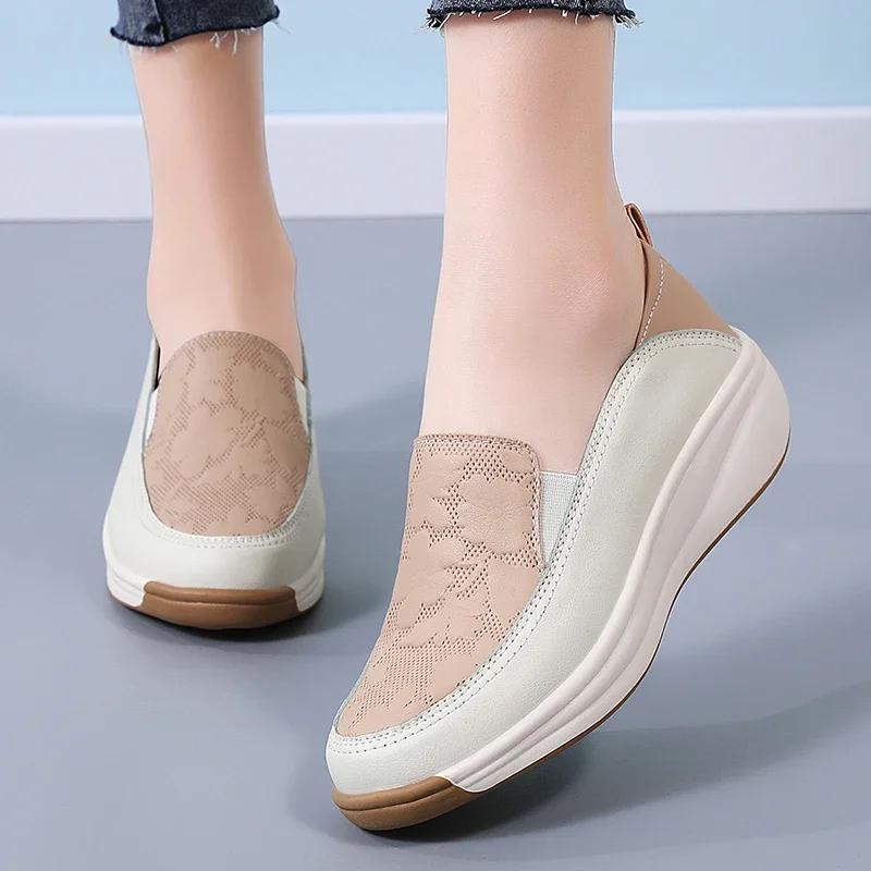 Fashion Spring Shoes for Women Fashion Thick Sole Slip-on Loafers Ladies Leather Hollow Casual Shoes Breathable Light Platform Sneakers