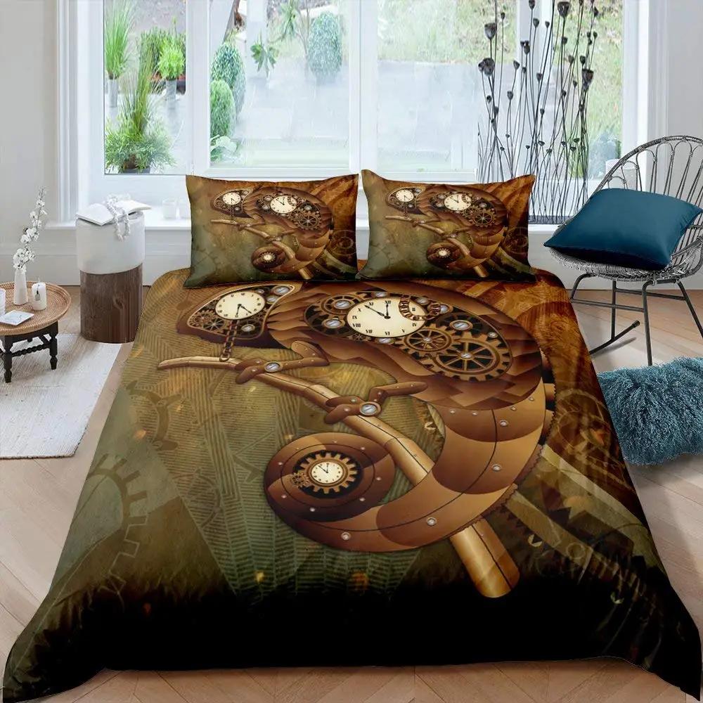 Zahnrad Bettbezug SetRetro Goldene Uhr Bettdeckenbezug Set Vollgröße Steampunk Stil Steppdeckel Mechanisches Gerät Bettwäsche Set