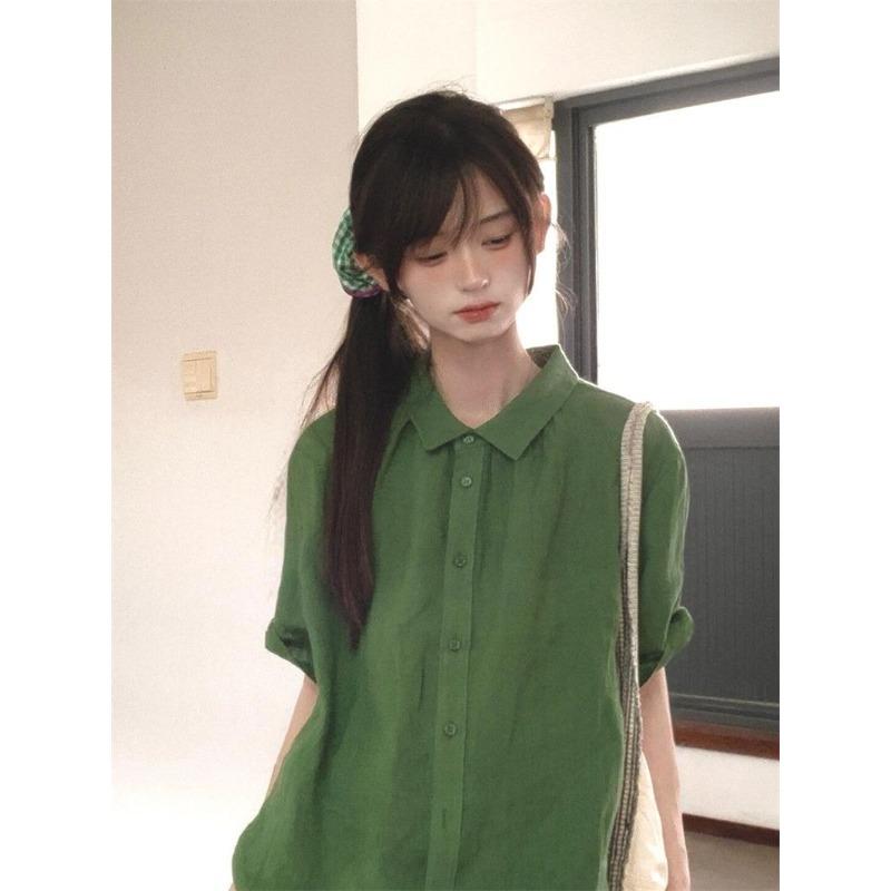 

Green Women s Short Sleeved Shirts Japanese Sweet Casual Button Bloues Loose Simple Versatile Ladies Tops XL зелёный