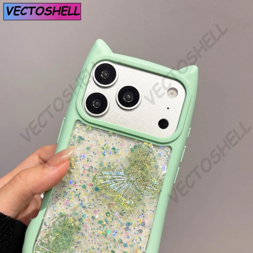 Cute Cat Ears Butterfly Transparent Lanyard Case for iPhone 17e 16 15 14 13 12 Pro Max 17 Air 11 Large Window Soft Edges Cover