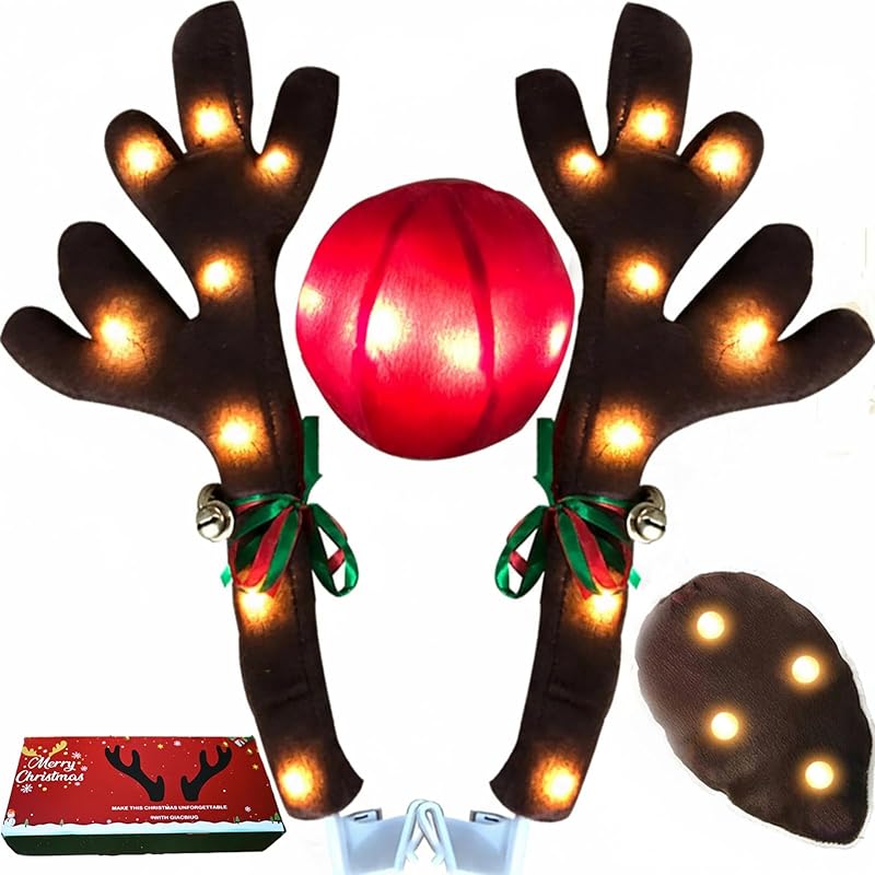 Reindeer Antlers For Cars – LED 2025 Christmas Car Decorations Kit With Jingle Bells, Nose, Tail, Multicolor Light-Up Rudolph Xmas Decor For SUV,