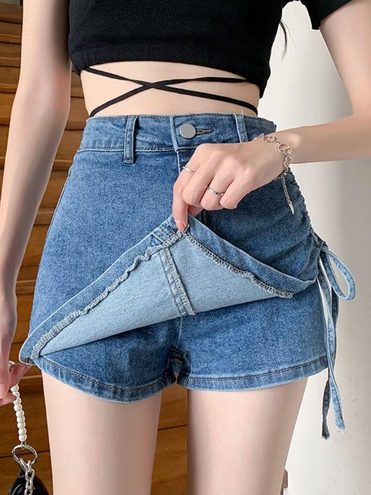 Irregular Denim Skort for Women - Slimming Lace-up A-line with Drawstring