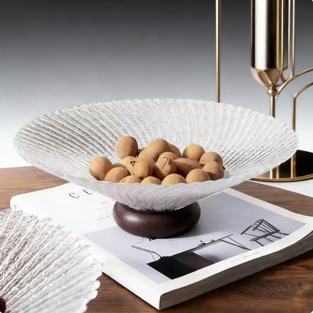 Vintage Glass Fruit Bowl with Wooden Base - Modern Home Coffee Table Snack & Dried Fruit Plate, Personalized & Exquisite Design