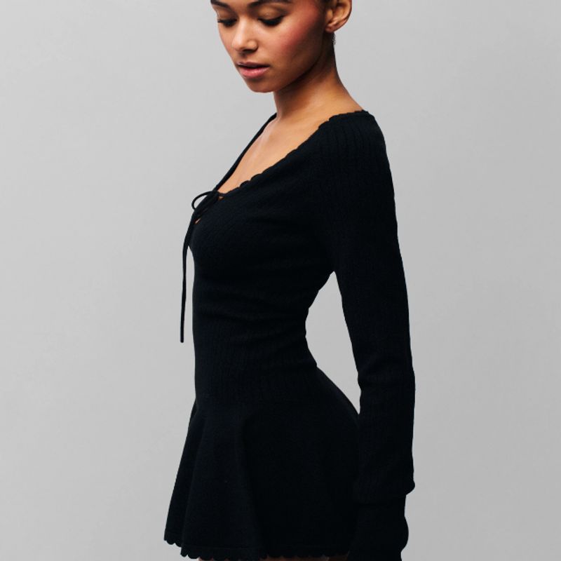 Zbzr Autumn New Women Clothes French Style Wavy Edge Chest Lace-up Slim Fit Sheath Long Sleeve Solid