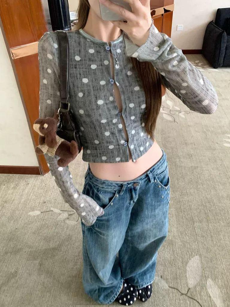 Spicy Girl Grey Polka Dot Long Sleeve Cropped T-Shirt for Women - Autumn Korean Style, Chic & Slimming