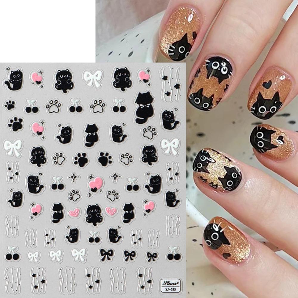 Kawaii Little Black Cat Nail Stickers Cartoon Cute Cat Stars Letters Nail Sliders Y2K Korean Japanese Nail Art Manicure Decors