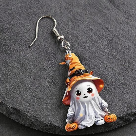 Smooth Polished Ear Pins 1 Pair Halloween Cute Ghost Earrings, Acrylic Dangle Earrings with Witch Durable Festive Hat Pumpkin Bat, Anti-Rust