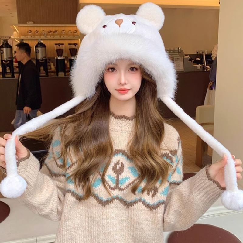 Winter Cartoon Cute Plush Hat Small Bear Raven Hat Women'S Outdoor Fashionable Warm Ear Protection Pullover Hat