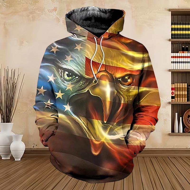 Hoodies Men's Bald Eagle with American Flag 3D Printed Vintage Fashion Oversized Sweatshirts Pullovers Hooded Tracksuit Clothing