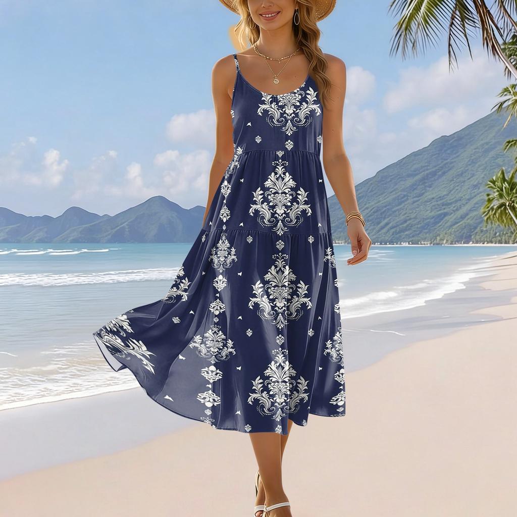 Ärmelloses Midi-Kleid mit Spaghettiträgern und Animal-Print für Damen Locker geschnittenes Sommer-Freizeitkleid für den täglichen Gebrauch