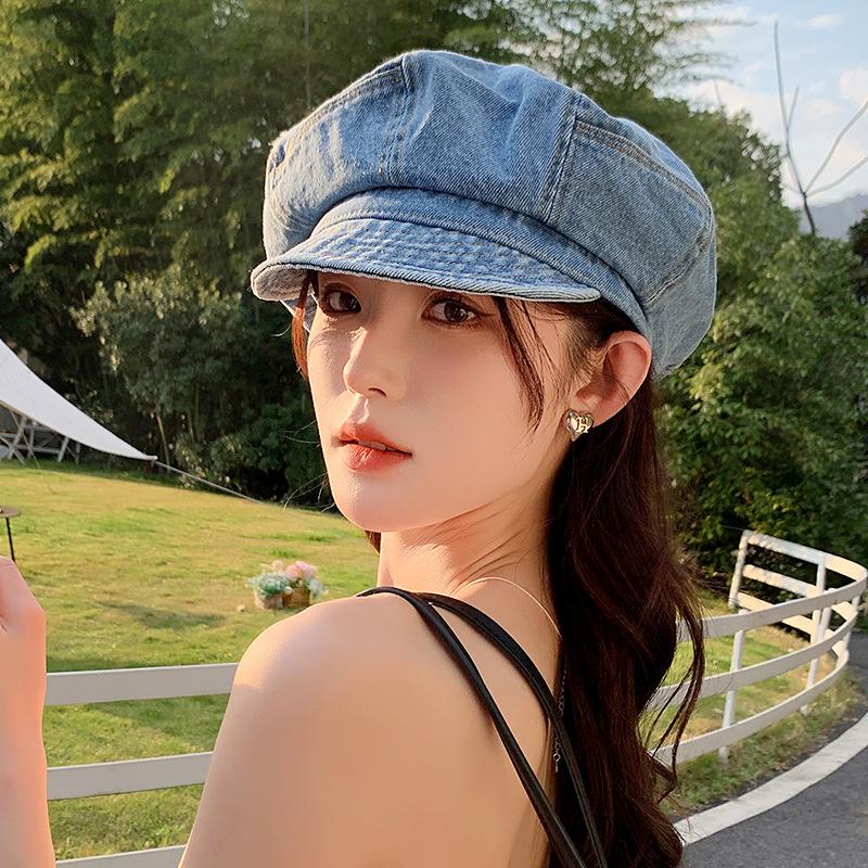 Hat Women's Spring and Summer Shade Sun Hat Washed Denim Beret Octagonal Hat