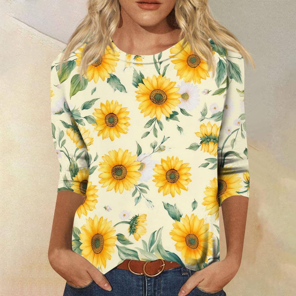 Women's Fashionable Casual Round Neck Three-Quarter Sleeve Printed T-Shirt Top