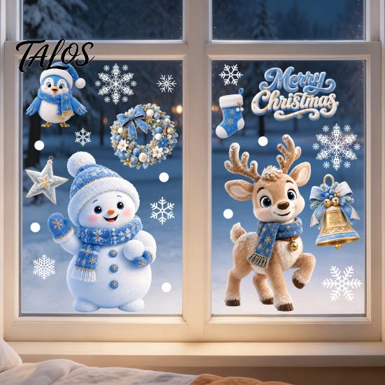 Double Sided Window Decorations 4Pcs Christmas Static Clings, Blue Santa Snowman Reindeer Penguin Party Ornaments Stickers, Reusable Xmas Holiday