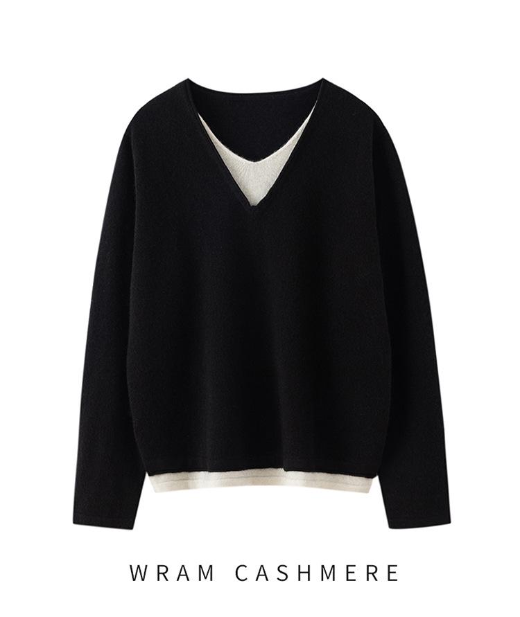 Women's Versatile Autumn V-Neck Color Block Cashmere Knit Sweater - Faux Two-Piece Loose Top