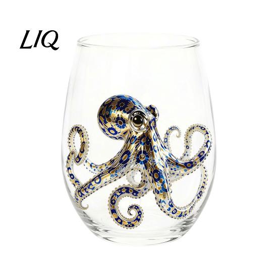 Personalized Daily Use Glassware Stemless Wine Glasses with Marine Animal Pattern, 420ml Capacity, High Borosilicate Clear Glass Cups for Party