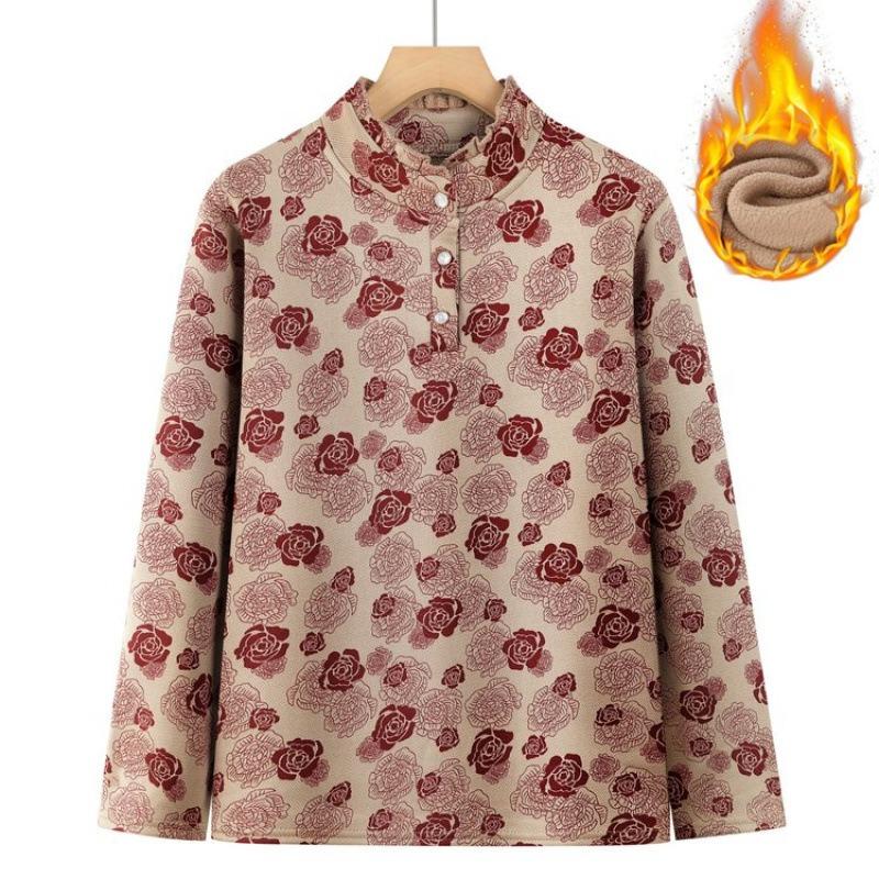 Autumn and Winter Long-sleeved Floral Bottoming Shirt Fashionable Large Size Medium-sized Elderly Lace Collar Velvet Clothes