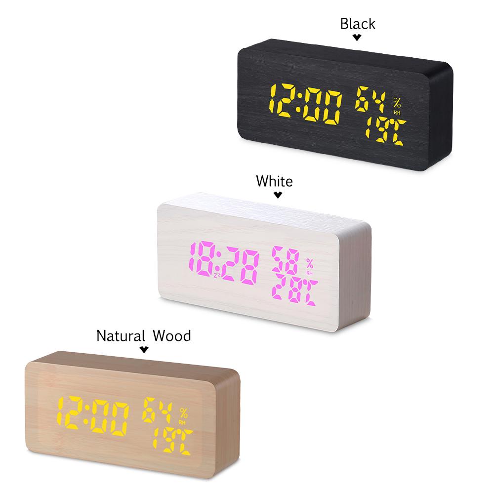 Wooden Alarm Clock 115-Colored Time/ Humidity/ Temperature/ Date Display Wood LED Digital Desk Clock Adjustable Brightness Voice Control Snooze