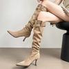 Sleeve Belt Buckle Stiletto Pleated Tall Boots Women's Fashion Pointed Toe Suede Non-Slip Heel Stack Boots