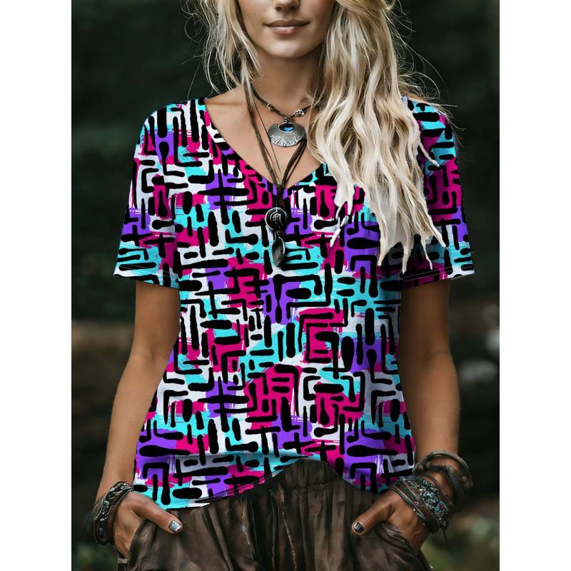 Womens V-Neck Short Sleeve Loose Fit T-Shirt With Floral Lake Scene Cartoon Bun Girl Print 2025 Casual Top