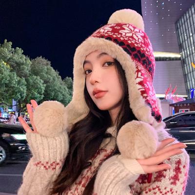 New Autumn and Winter Hat for Women Plus Fluff Ball Knitted Wool Hat for National Style Winter Warm Northeast Cold Protection Ear Protection Hat