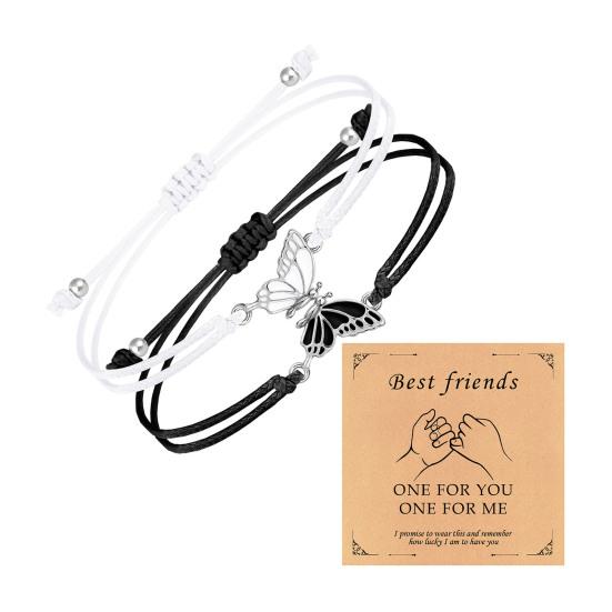 2Pcs/Set Couple Bracelet Adjustable Wax Rope Butterflies Pendant Friendship Love Bracelet with Blessing Card Bestie Matching Jewelry