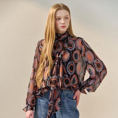 Ethnic Pattern Scarf Tie Sheer Blouse Zf05qb005nh