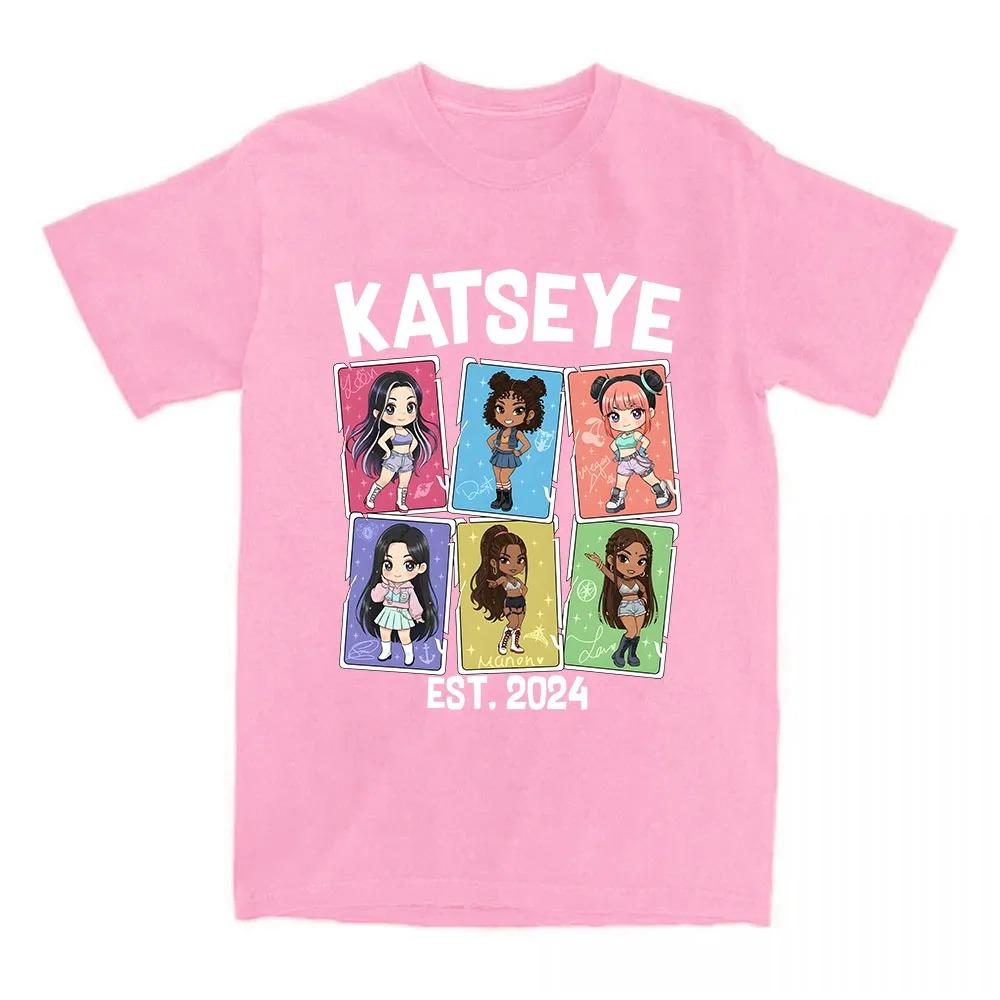 2026 Hot Sale KATSEYE EST. Chibi Member Card Cotton T-Shirt, Loose Fit for KATSEYE Fans Women and Men T-shirts Casual Short Sleeve Oversized Tops