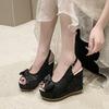 Large Size Women's Shoes New Style Printed Open Toe Buckle Cloth Super High Heel Fish Mouth Wedge Heel Bow Sandals for Women