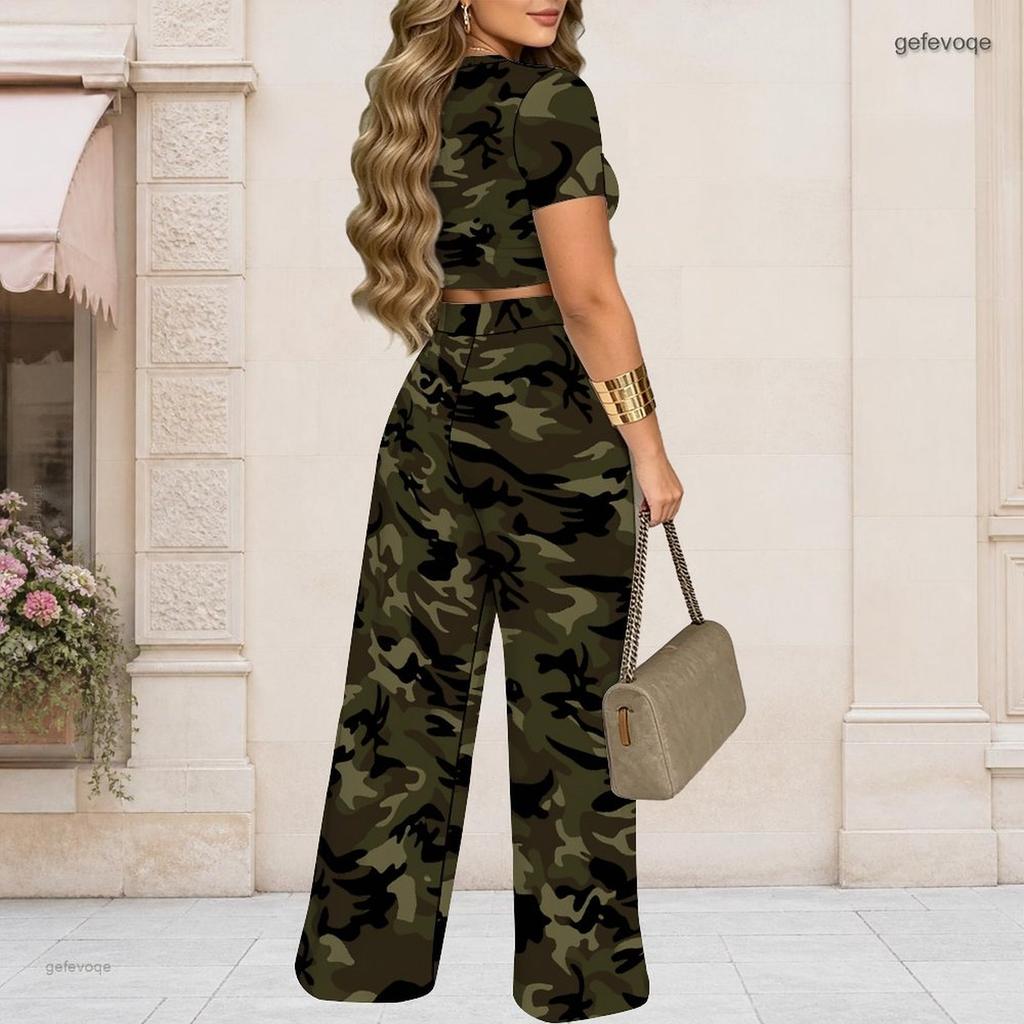 Damen Übergröße Rundhals Kurzarm Bedrucktes Schwarz Weiß Crop Top Weite Hosen Zweiteiliges Set