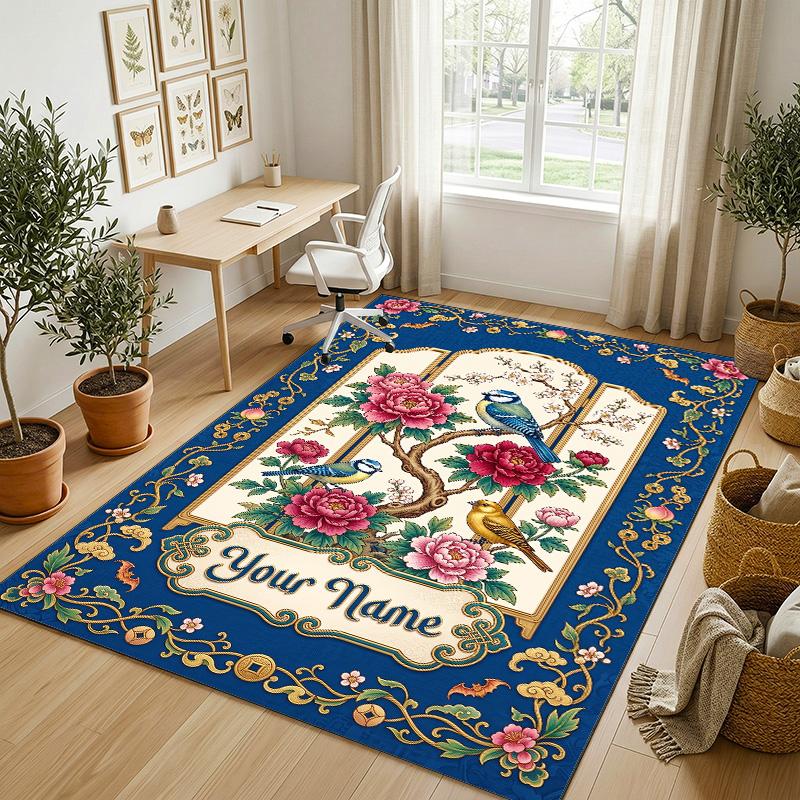 Floral Birds Artwork Theme Soft Crystal Velvet Rug Custom Name & Text Print Non Slip Floor Rug for Bedroom Living Room