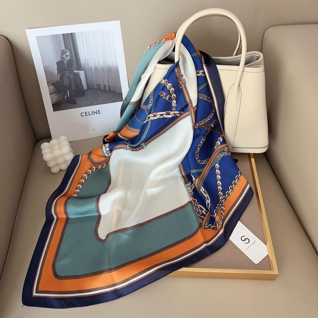 Silk scarf female stripe black and white printing spring and summer new decoration simple fashion simulation silk square scarf