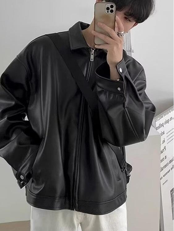 Men's Retro Leather Jacket: High-End Autumn/Winter Streetwear, Korean Style, Cool Lapel, Loose Fit Motorcycle Jacket