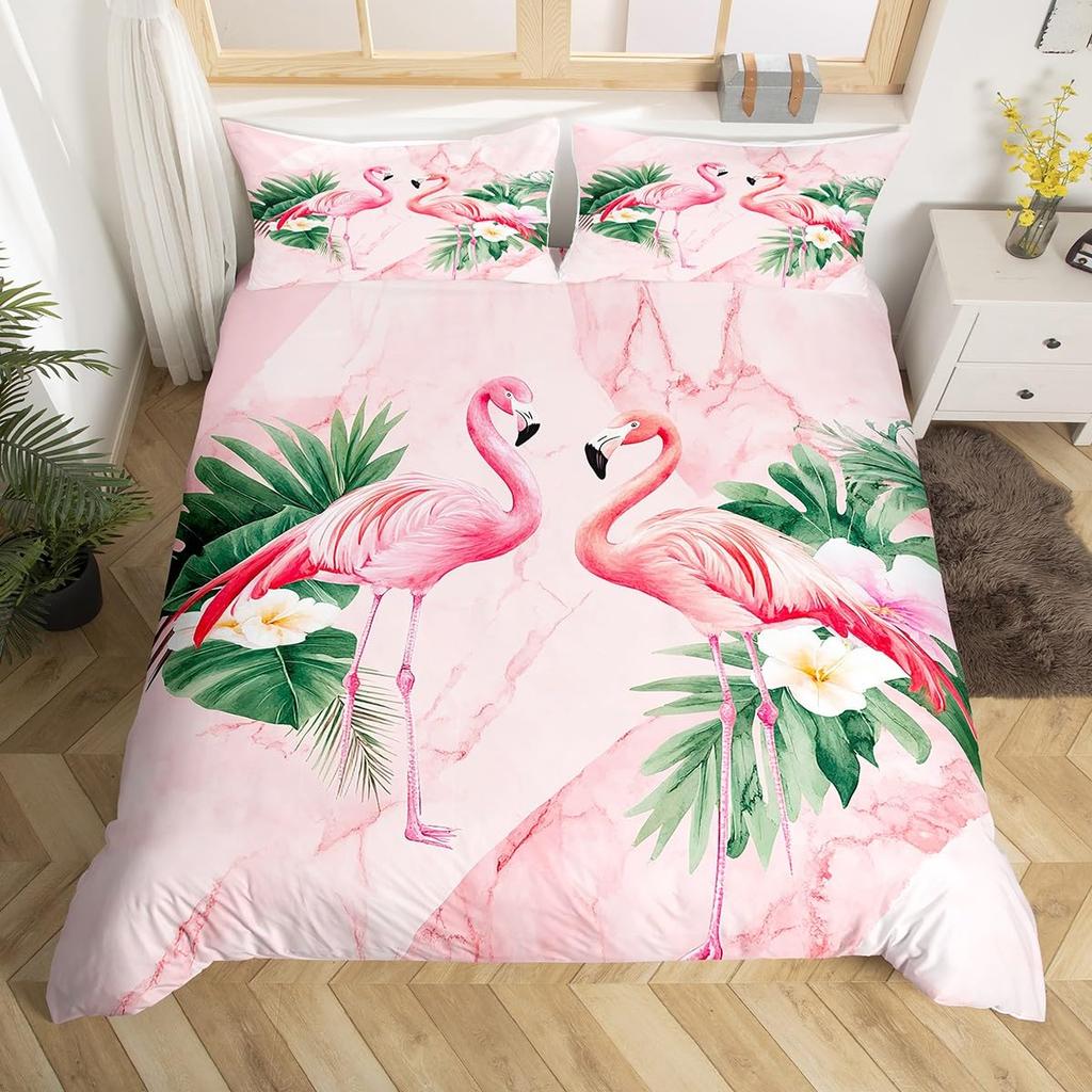Flamingo Duvet Cover Set Tropical Animal Pattern King Bedding Set Girls Pink Floral Quilt Cover Queen Full Comforter Covers 3Pcs