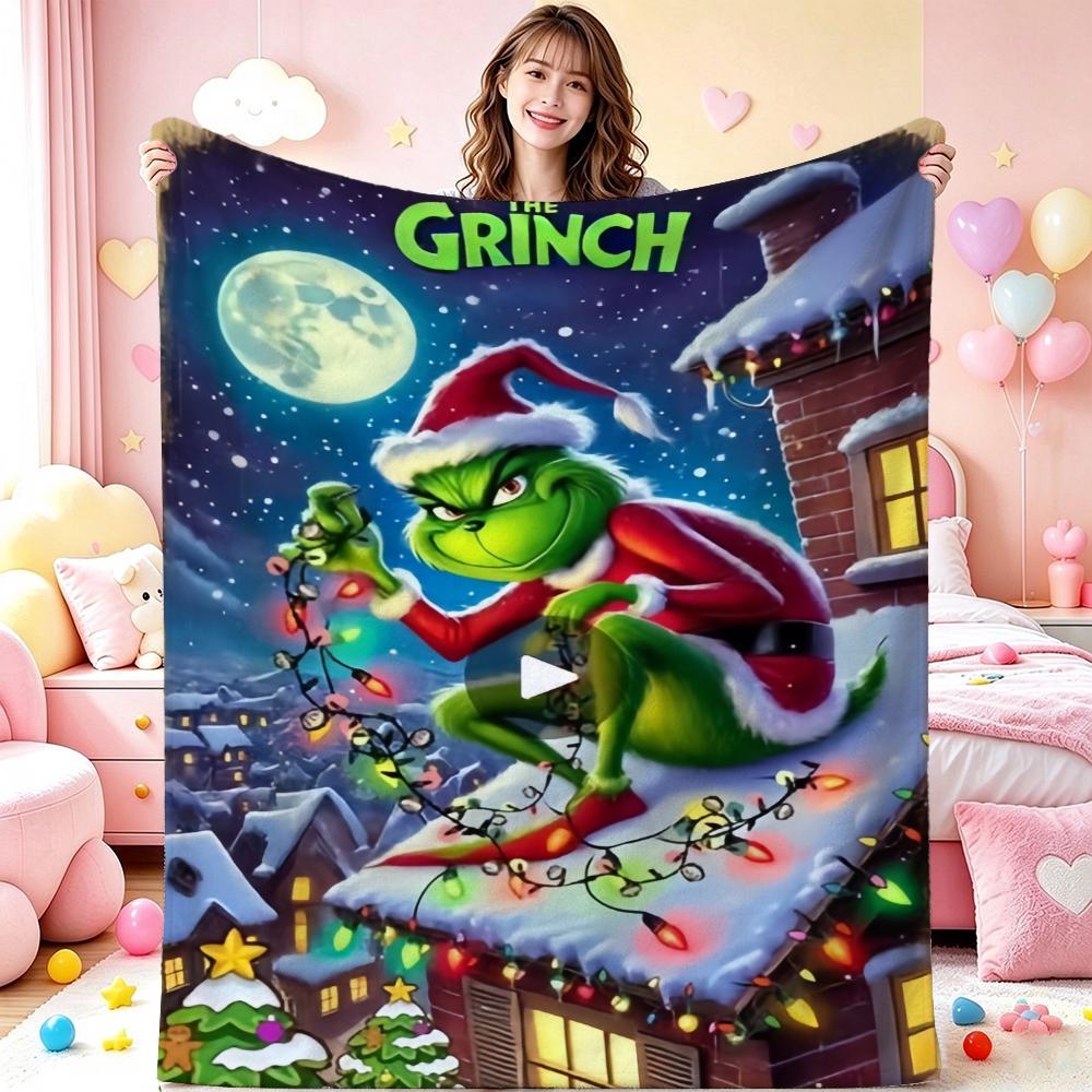 Ho Ho Ho Merry Grinch Christmas Theme Cartoon Flannel Blanket Soft Warm Throw Blanket For Office Sofa Lightweight Home Decor Memorial Gift