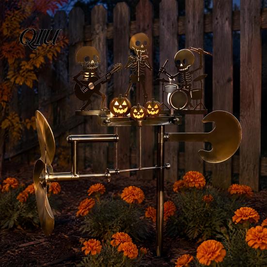 Metal Garden Art Halloween Skeleton Rock Trio Wind Spinner, Handmade Kinetic Sculpture Band Decor for Outdoor Yard Lawn Decor, Unique Musical