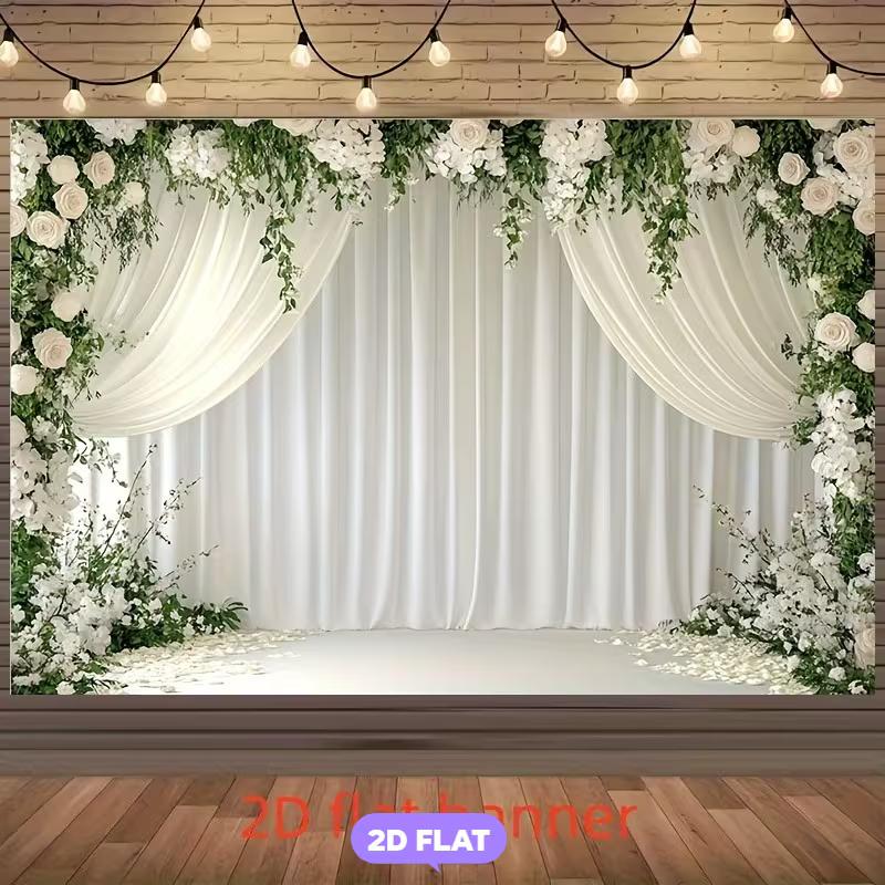 2D White Rose and Greenery Themed Backdrop Photo Background Banner 47.2x31.5inch/120*80cm