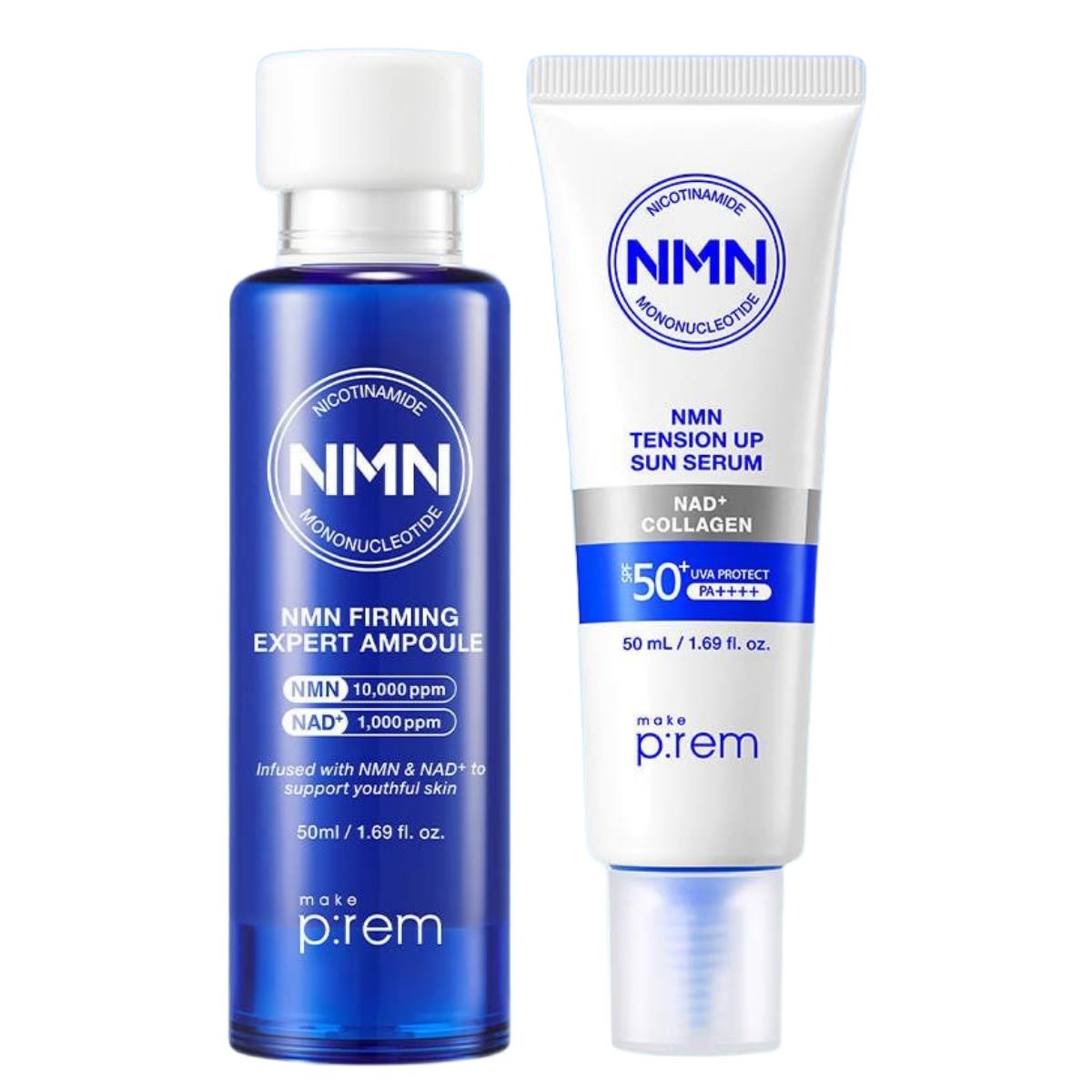 Make P:rem NMN Elasticity Ampoule 50ml + NMN Tension Up Sun Serum 50ml Set Firming UV Protection Deep Hydration K-Beauty Skincare Kit