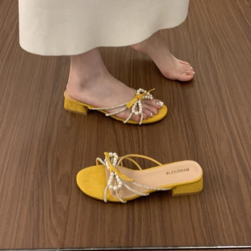 

Fashion New Comfort Shoes for Women Block Heels Clear Sandals Suit Female Beige Large Size Chunky Black Fashion Girls Low Bow Big Solid 40 жёлтый