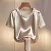 Elegant Satin Silk T-Shirt Loose Short Sleeve Top Comfortable Pearl Collar T-Shirt Office Dress