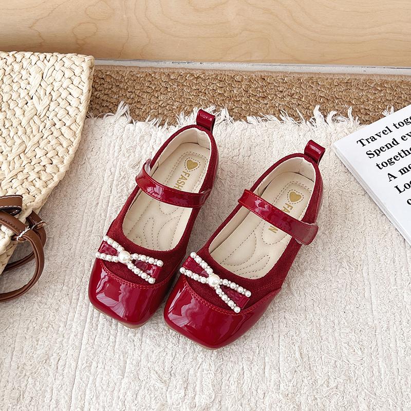 

Children s Mary Jane Shoes Girls Black Red Leather Shoes with Rhinestone Bow Fashion Versatile Unique Kids Non-slip Dress Flats 24