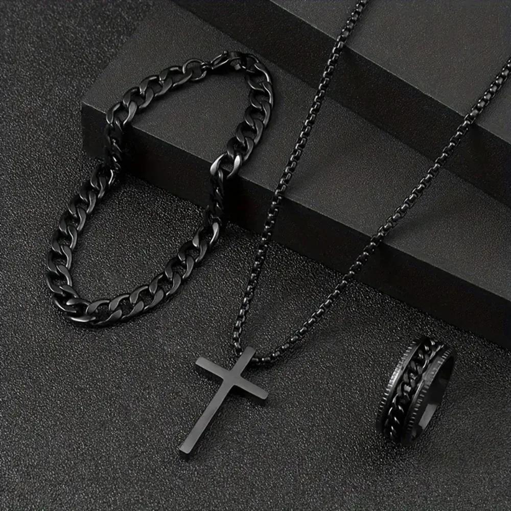 Enhance Men'S Charm: 3pcs Alloy Zircon Set. The Necklace, Bracelet and Ring with Cross Elements Are Stylish and Versatile.