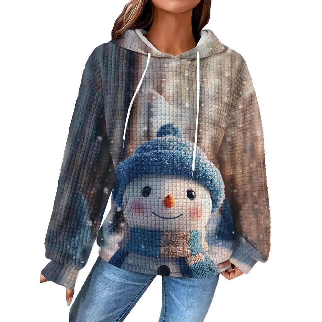Women's Fashion Loose Hooded Pullover Long Sleeve Plaid Sweatshirt With Drawstring, Drop Shoulder, Pocket, Christmas Print Top