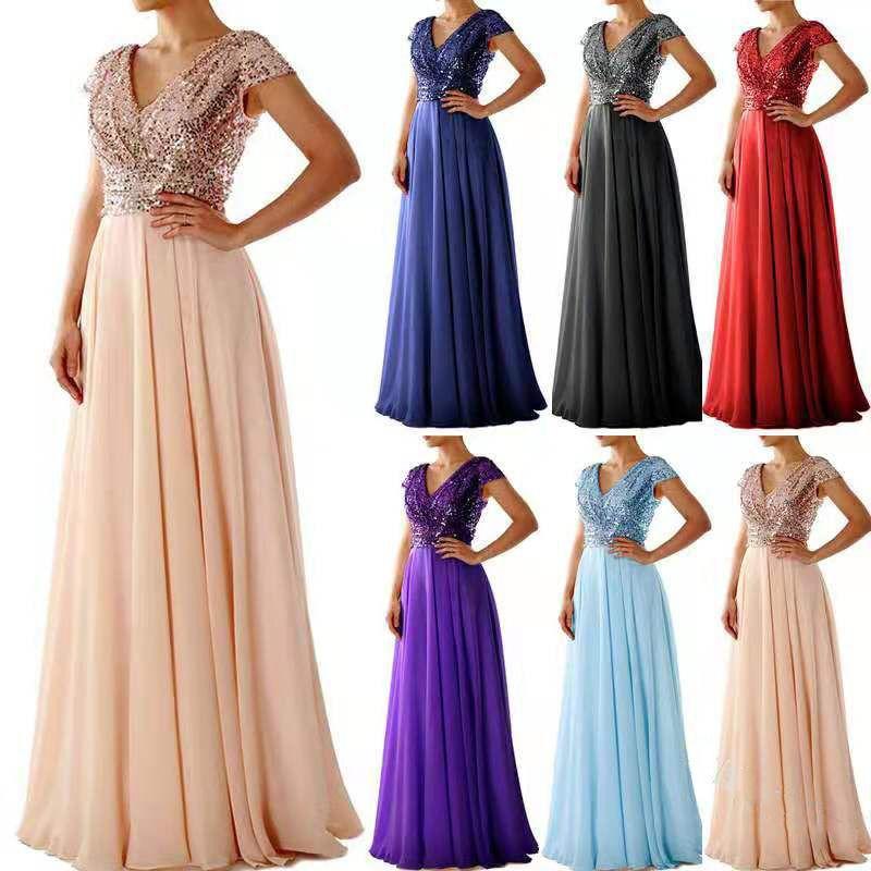 

2025V Collar Glitter Chiffon Spliced Evening Gown Long Skirt Dark Blue S