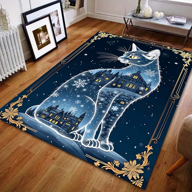 Cat Snowflake Castle Retro Pattern Carpet for Living Room Bedroom Bedside Sofa Table Floor Mat Home Area Rug Decor for Gifts