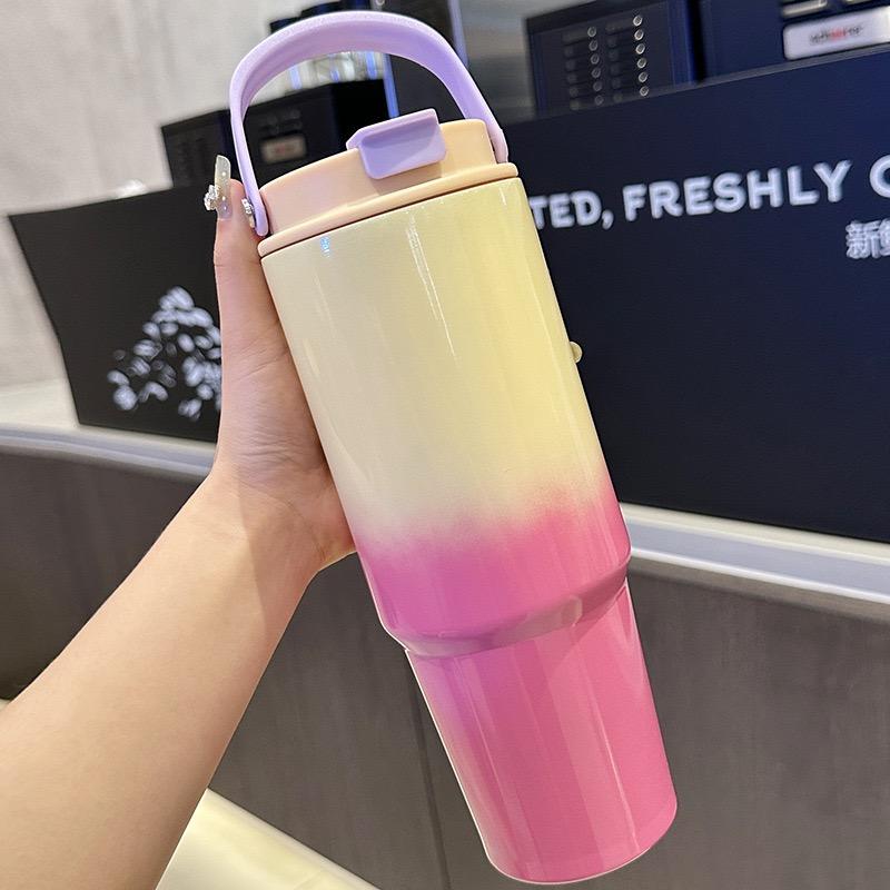 800ML Büyük Kapasiteli Açık Hava Pipetli Yalıtımlı Kupa Araba Paslanmaz Çelik Kupa Degrade Renkli Açık Hava Yürüyüş Spor Kupası
