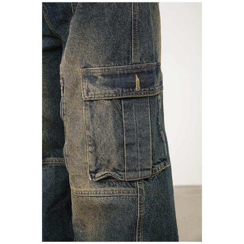 Long Trousers Versatile Washed Multi-pocket Design Sense of Work Jeans Men Senior Sense Pants